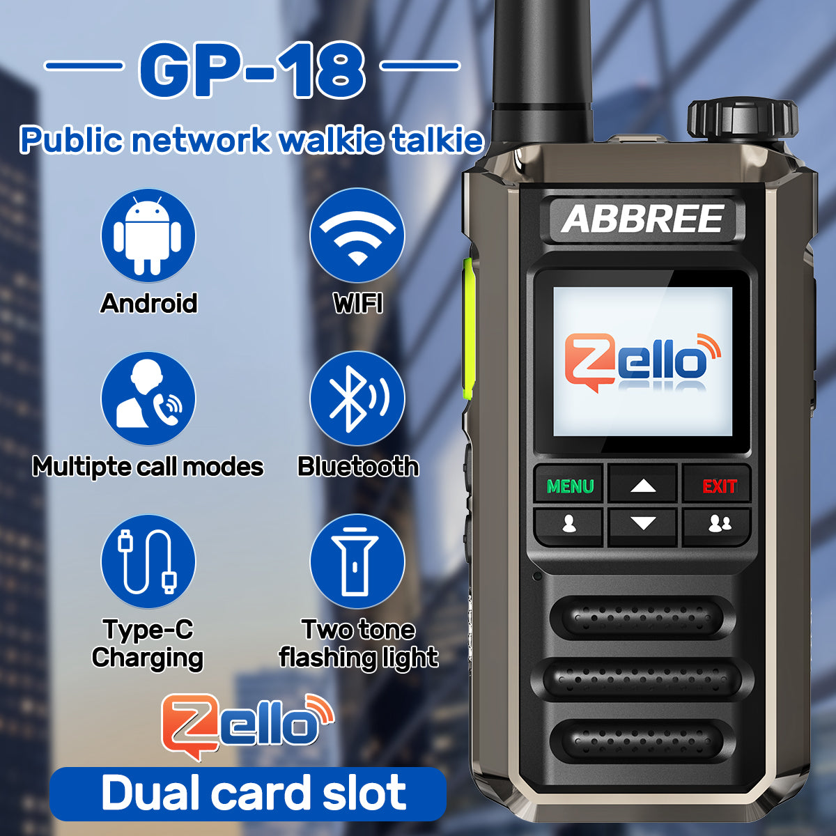 ABBREE GP-18 2G/3G/4G Zello Walkie Talkie Dual Sim Card Slots Global POC Android Bluetooth WIFI Unlimited Distance Network Radio