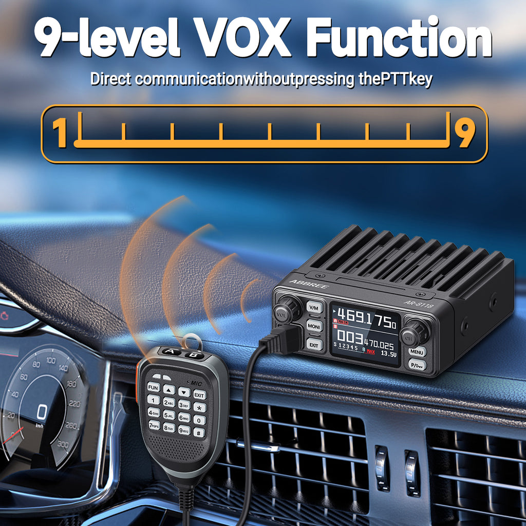 ABBREE AR-8118 25W Dual Band Mini Mobile Radio HD Voice 200CH Long Range VHF UHF Anti-Interference Dual PTT HD Vioce Car Radio
