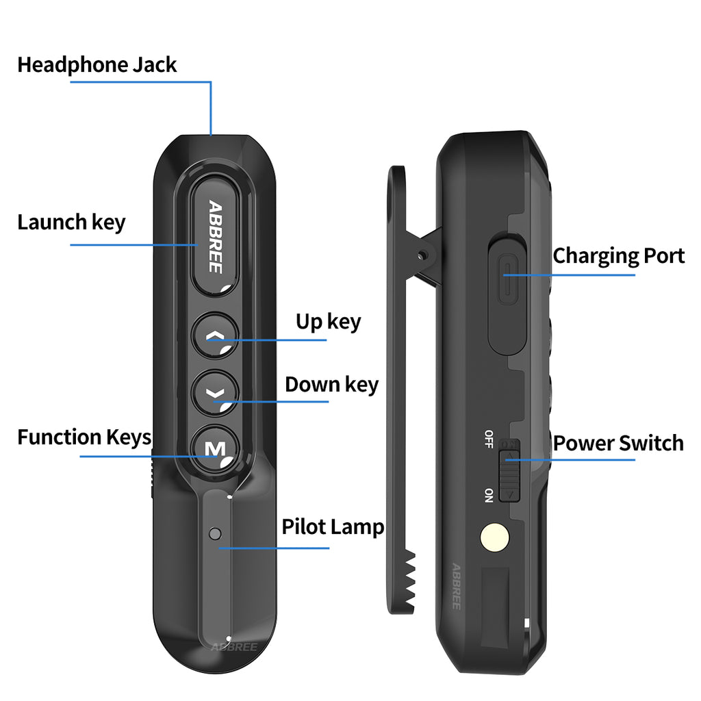 ABBREE AR-W5 Collar Clip Mini Walkie Talkie Wireless Copy Frequency 8 Volume Adjustment 20CH Type-C Chager UHF Handsfree Radio
