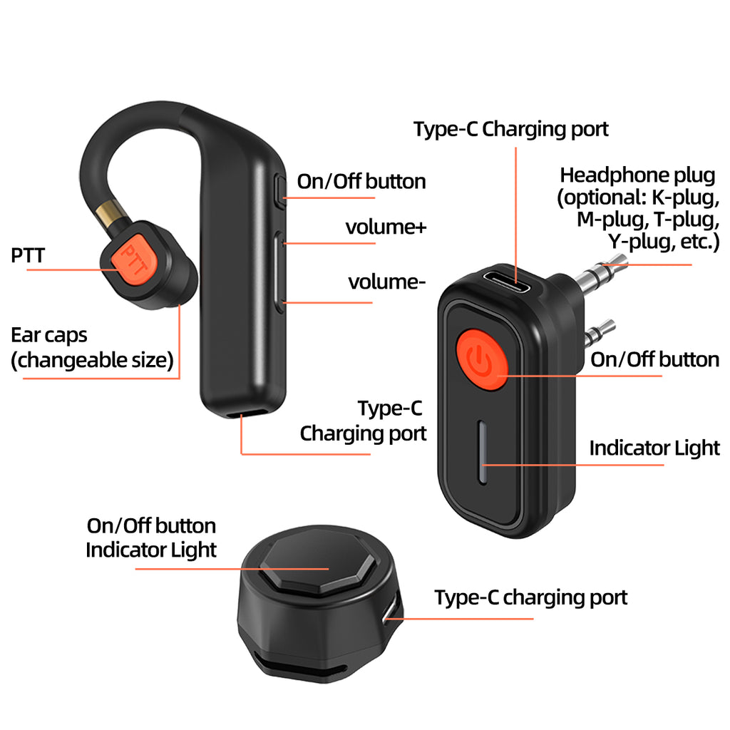ABBREE BT-E2 Walkie Talkie Wireless Headset 2.4G Earphone Noise Reduction 2 Pin for Baofeng Quansheng Two Way Radio