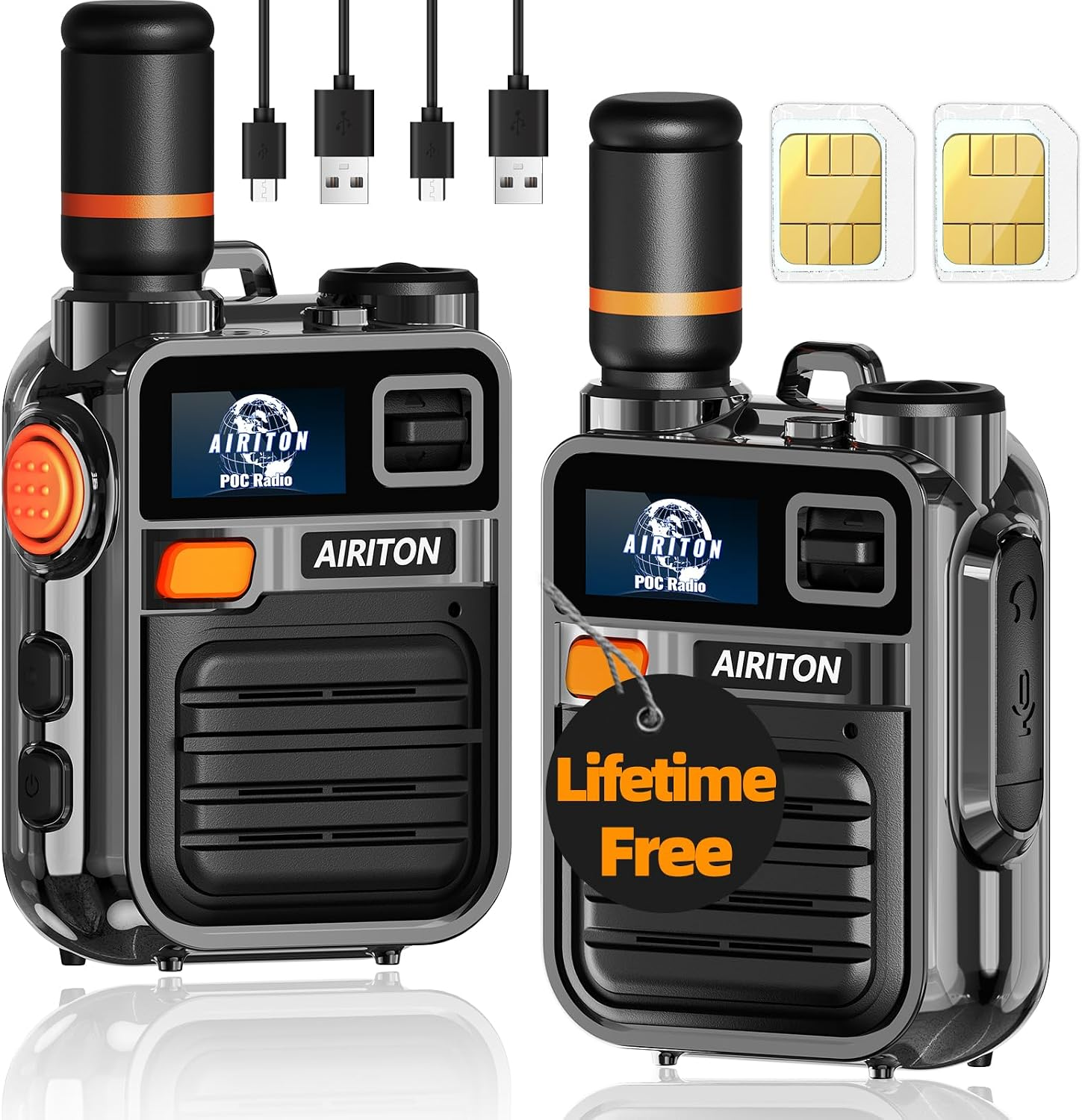 (Lifetime Free) Airiton Walkie Talkies Fast Radio Unlimited Range Nationwide Long Distance Handheld 4G LTE POC Two Way Radio Rapid Push to Talk Over Cellular Radio Long Range (2 with SIM Card)