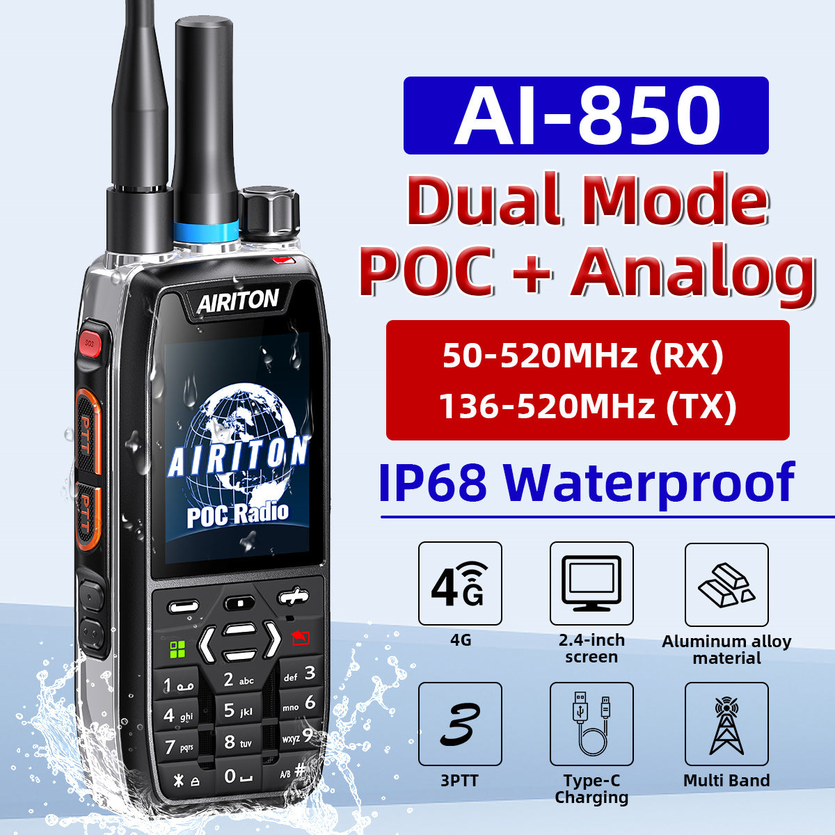AIRITON AI‑850 POC Analog Dual‑Mode 4G Network Walkie Talkie Full‑Band Two‑Way Radio IP68 Waterproof Handheld Radio for Team Communication Camping Trucking