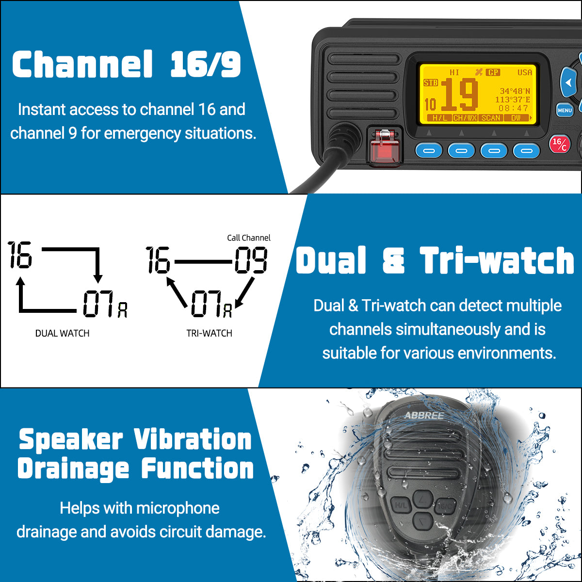 ABBREE AR-509MG Marine Radio VHF 25W with GPS Waterproof IP67 DCS Call USA/INT/CAN Marine Radio Channels Fixed Mount For Boats
