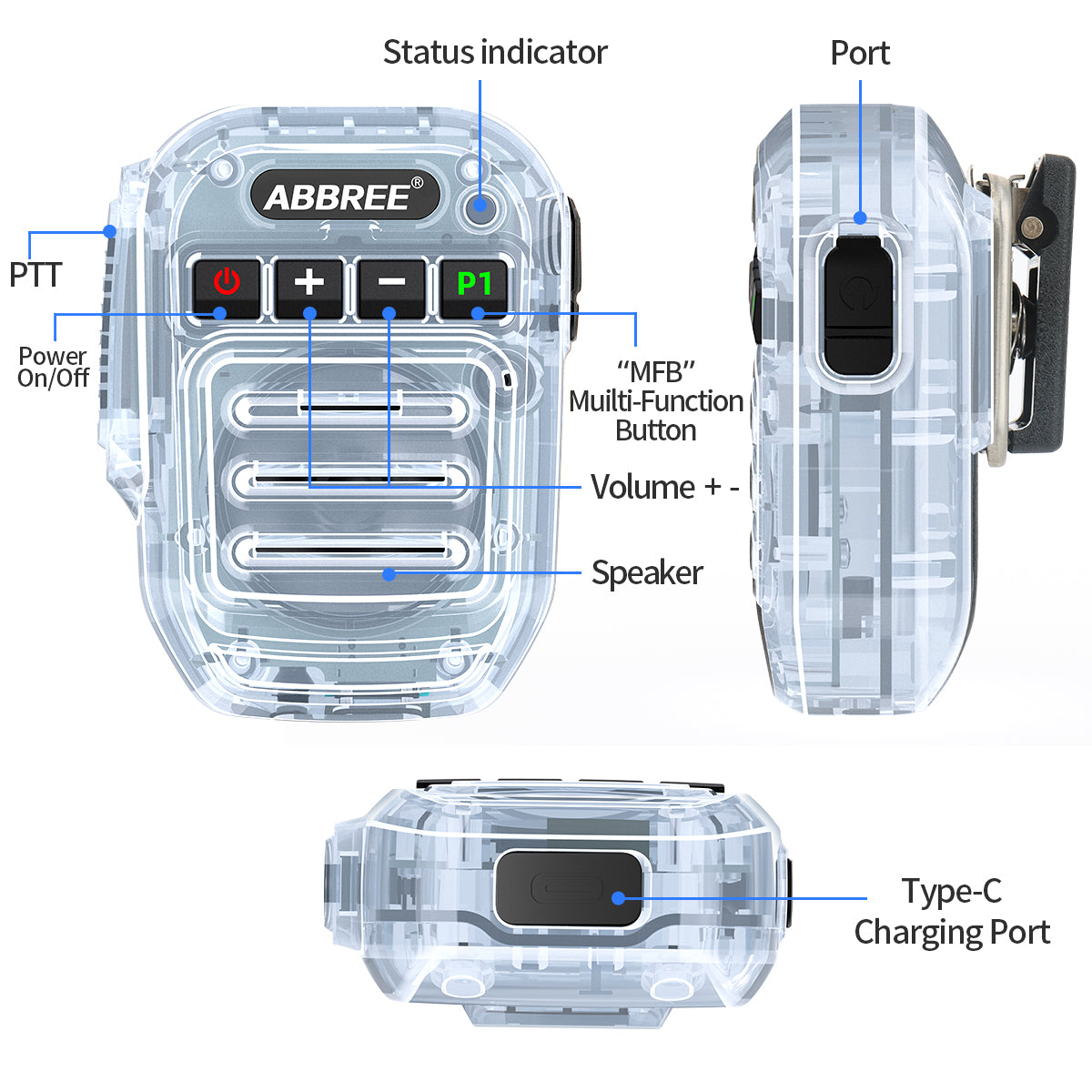 ABBREE Wireless Bluetooth Speaker Microphone Handheld Mic Type-C High Power Baofeng UV-5RH 21 Quansheng UV-K5(8) Walkie Talkie