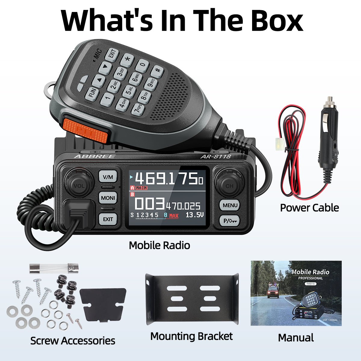 ABBREE AR-8118 25W Dual Band Mini Mobile Radio HD Voice 200CH Long Range VHF UHF Anti-Interference Dual PTT HD Vioce Car Radio