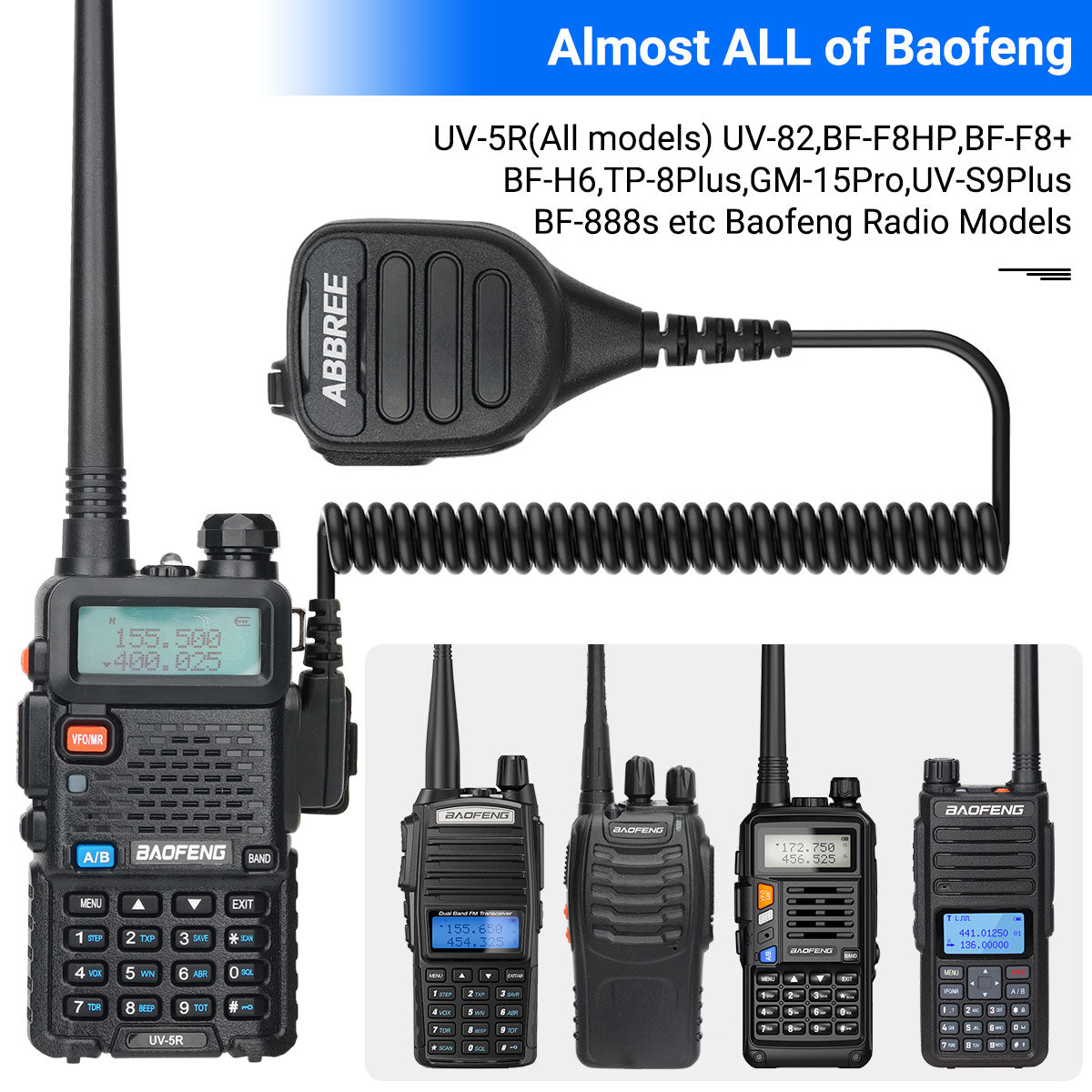 ABBREE AR-850 Speaker Mic Walkie Talkie Volume Adjustable IP54 Waterproof Compatible With Baofeng UV-5R UV-39 BF-888S Ham Radio