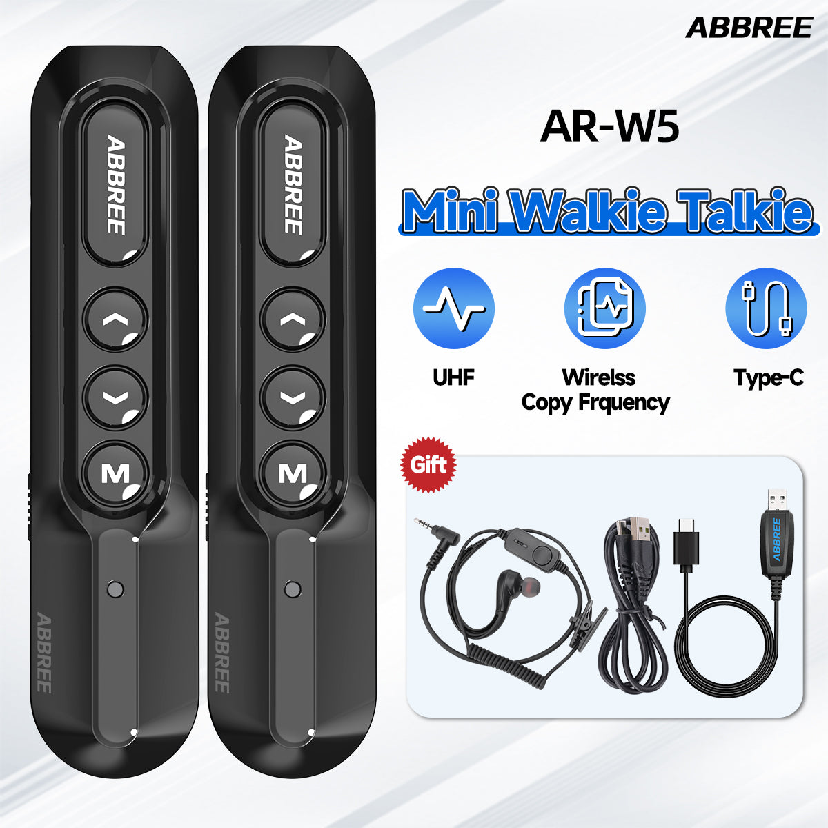 ABBREE AR-W5 Collar Clip Mini Walkie Talkie Wireless Copy Frequency 8 Volume Adjustment 20CH Type-C Chager UHF Handsfree Radio