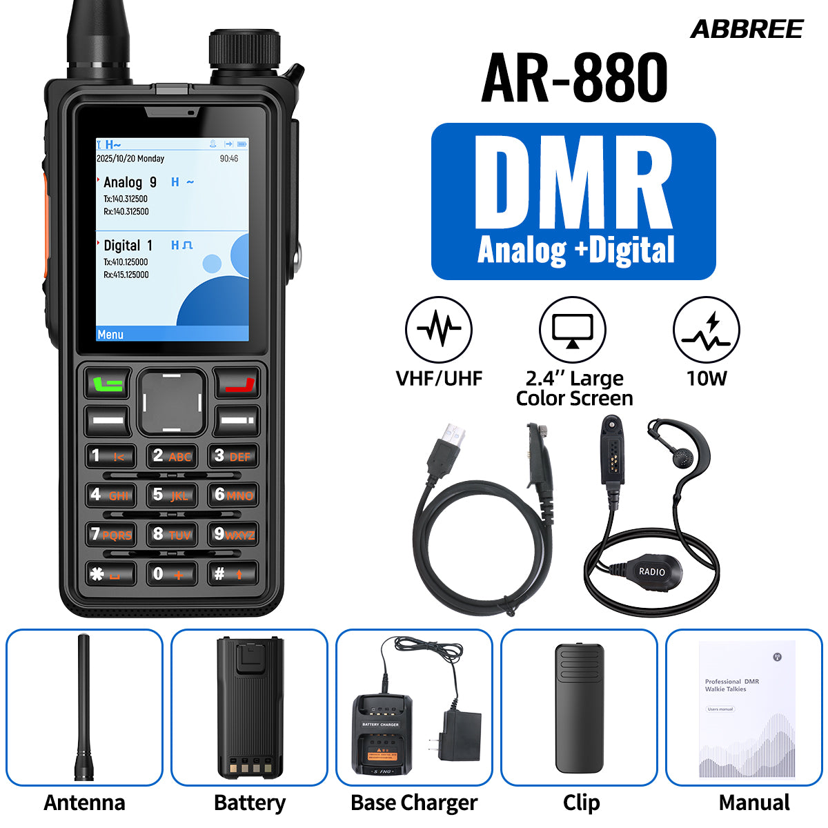ABBREE AR-880 DMR Digital Walkie Talkie 10W IP67 Waterproof Dual Mode Analog Dual Band AES256 Dual Time Slot SMS VOX Ham Radio