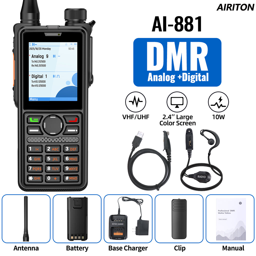 AIRITON AI-881 DMR Walkie Talkie IP67 Waterproof 10W High Power Dual Time Slot Large Color Screen VOX Two Way Radio