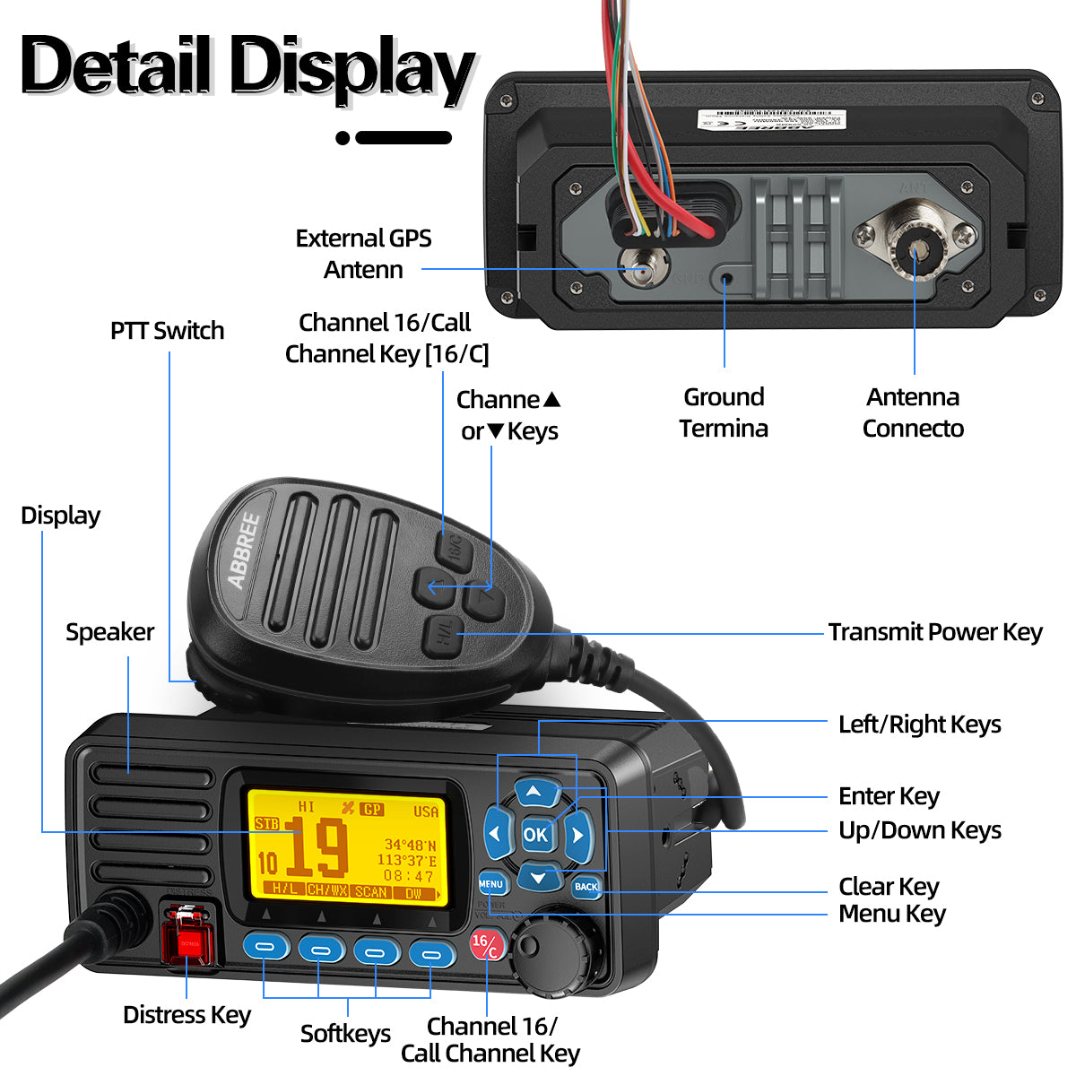 ABBREE AR-509MG Marine Radio VHF 25W with GPS Waterproof IP67 DCS Call USA/INT/CAN Marine Radio Channels Fixed Mount For Boats