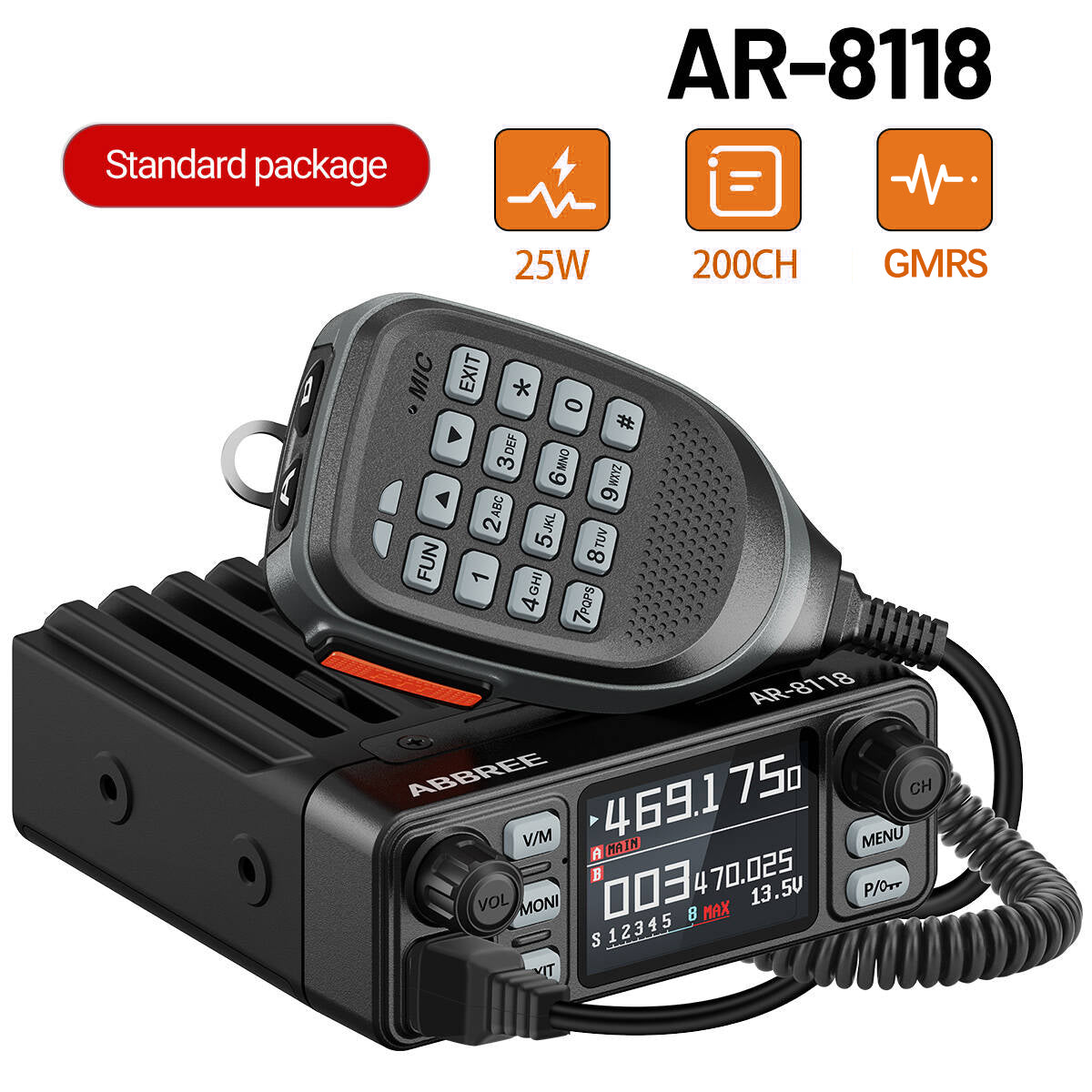 ABBREE AR-8118 GMRS Mobile Radio 25W Long Range GMRS Repeater Capable Base Two Way Radio NOAA Emergency 200 Channels with Cigar DC Adatper,VOX,Dual PTT,for Car Truck Off Road Overlanding Gear