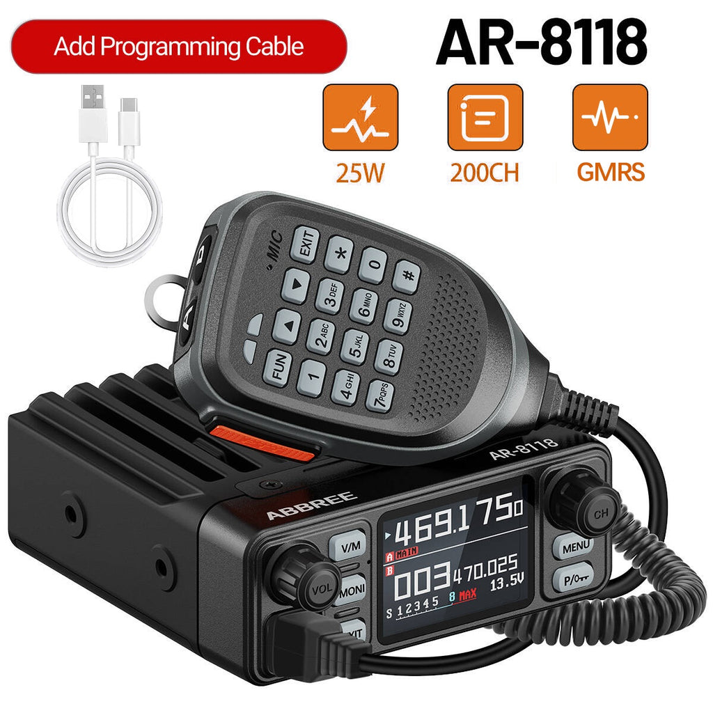 ABBREE AR-8118 GMRS Mobile Radio 25W Long Range GMRS Repeater Capable Base Two Way Radio NOAA Emergency 200 Channels with Cigar DC Adatper,VOX,Dual PTT,for Car Truck Off Road Overlanding Gear