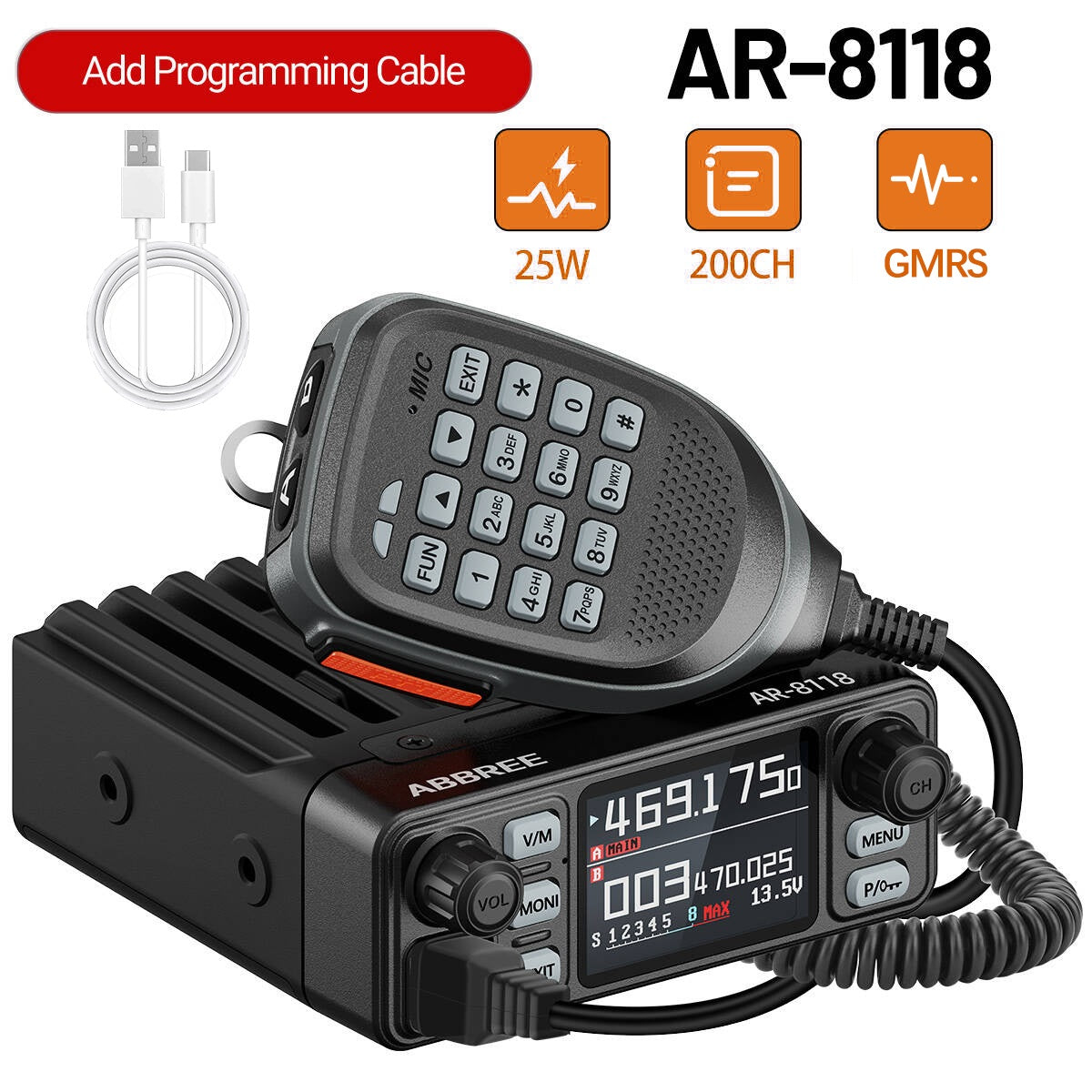 ABBREE AR-8118 GMRS Mobile Radio 25W Long Range GMRS Repeater Capable Base Two Way Radio NOAA Emergency 200 Channels with Cigar DC Adatper,VOX,Dual PTT,for Car Truck Off Road Overlanding Gear