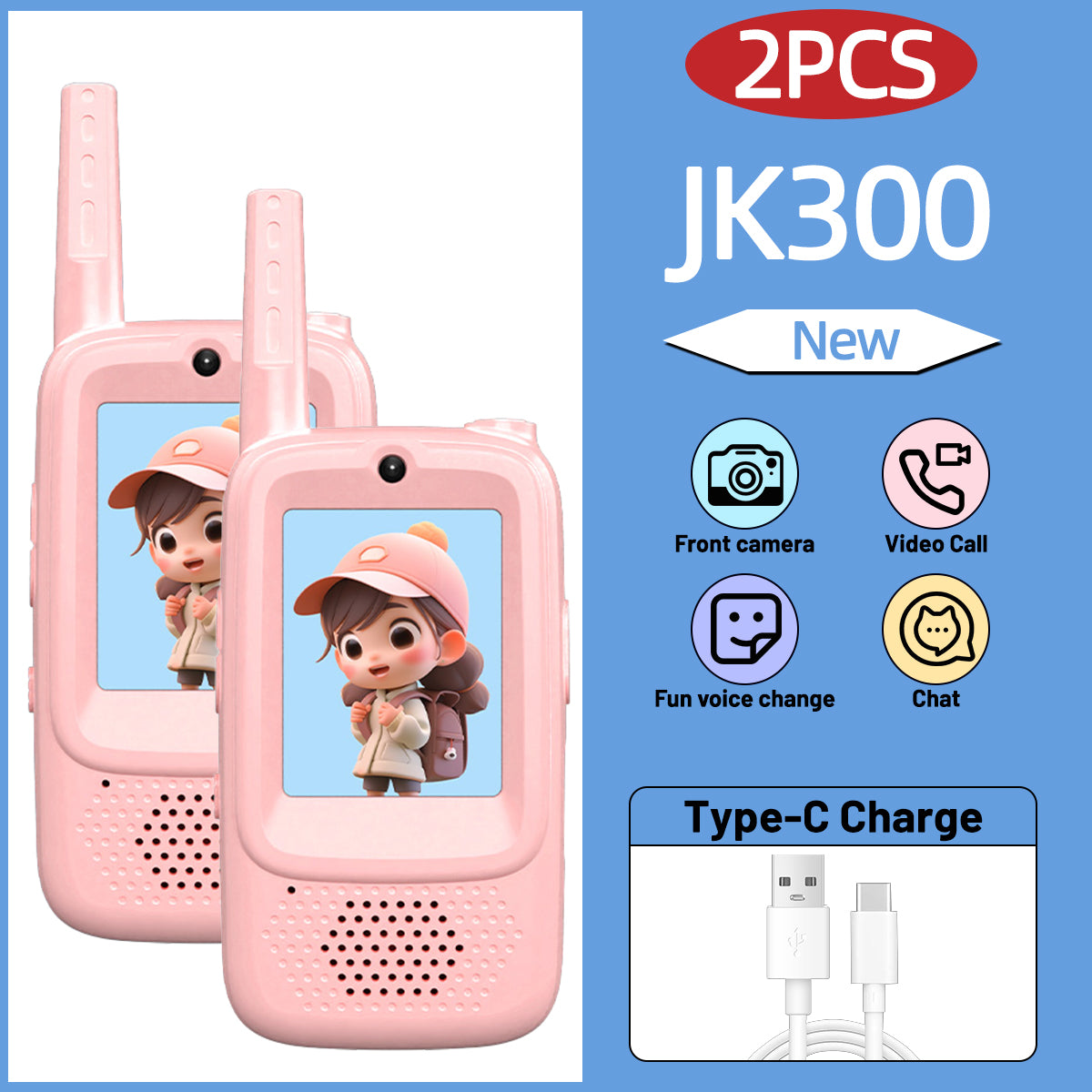 2PCS AIRITON JK300 Children's Video Walkie Talkies Selfie Send Voice Photo Emoticons For Kids Gift Boys Girls JK200 New upgrade