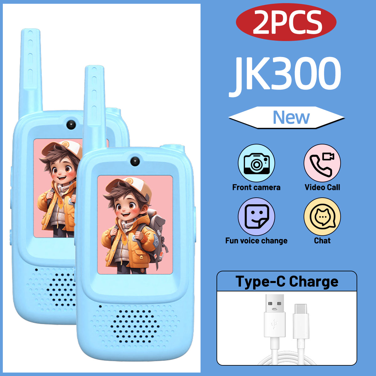 2PCS AIRITON JK300 Children's Video Walkie Talkies Selfie Send Voice Photo Emoticons For Kids Gift Boys Girls JK200 New upgrade