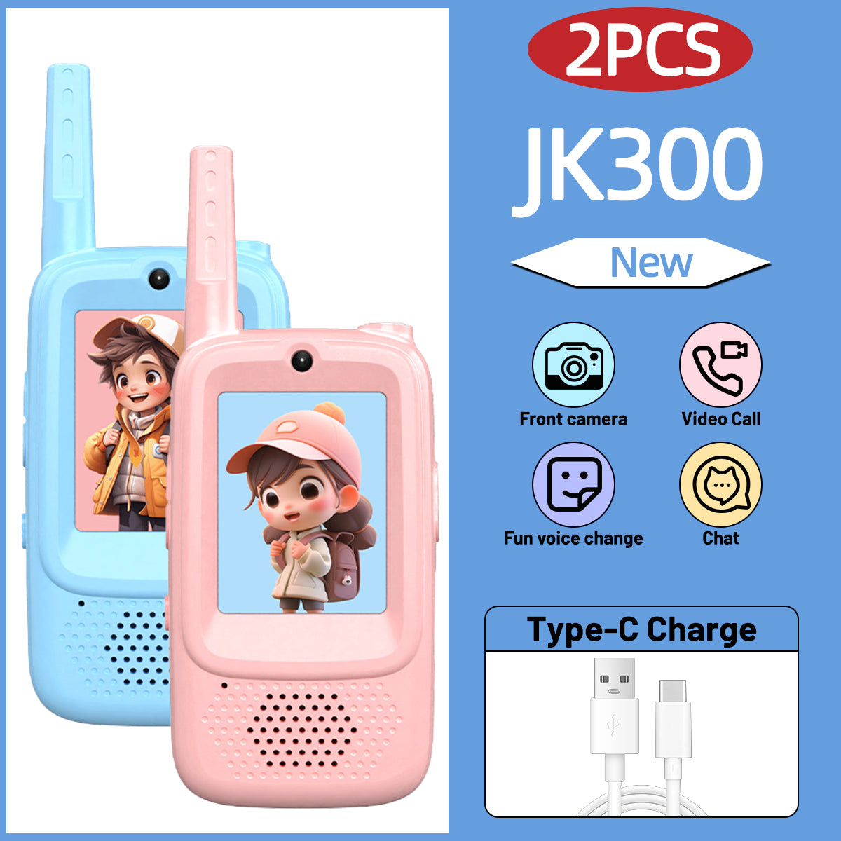 2PCS AIRITON JK300 Children's Video Walkie Talkies Selfie Send Voice Photo Emoticons For Kids Gift Boys Girls JK200 New upgrade