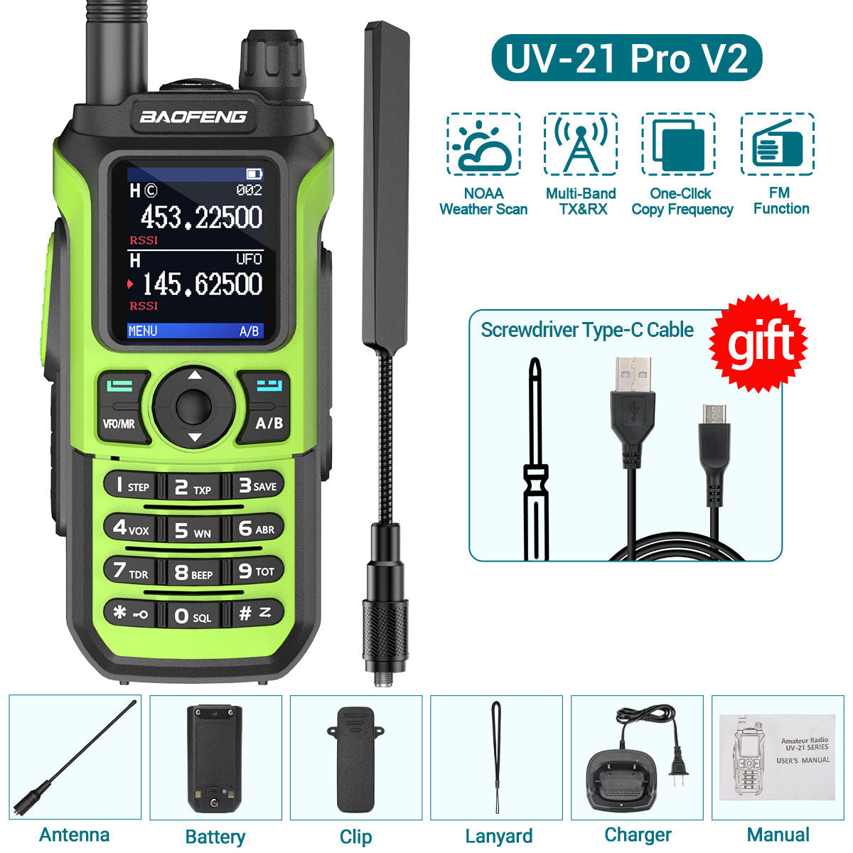 Baofeng UV-21 Pro Wireless Copy Frequency VHF UHF Powerful Waterproof V2 Long Range UV-32 Long Range Type-C Two Way Ham Radio