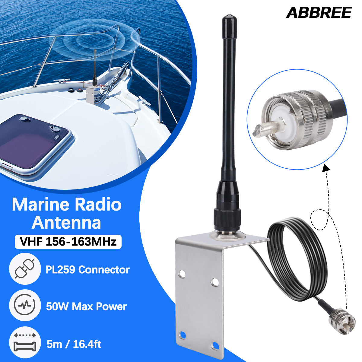 ABBREE X107M Marine Radio Antenna VHF PL-259 Connector 50W Max Power High Gain with RG-58U Low Loss Cable for Ship-to-Ship