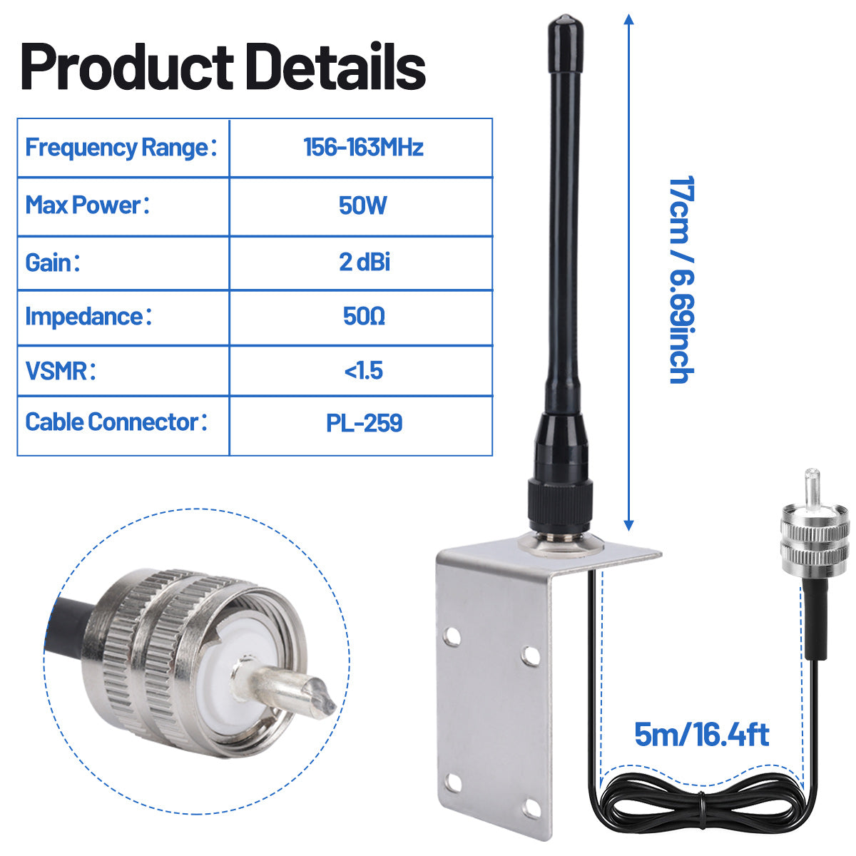 ABBREE X107M Marine Radio Antenna VHF PL-259 Connector 50W Max Power High Gain with RG-58U Low Loss Cable for Ship-to-Ship