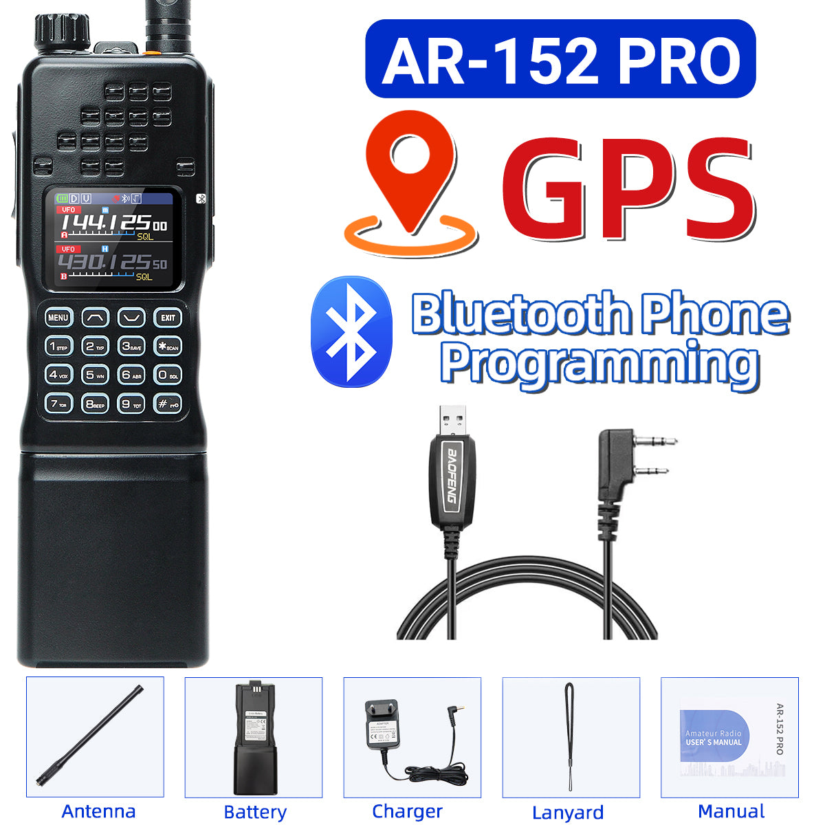 BAOFENG AR-152 PRO GPS Walkie Talkie Long Range Bluetooth Programming 10W Multi Band 12000mAh Tactial 1000CH Two Way Ham Radio