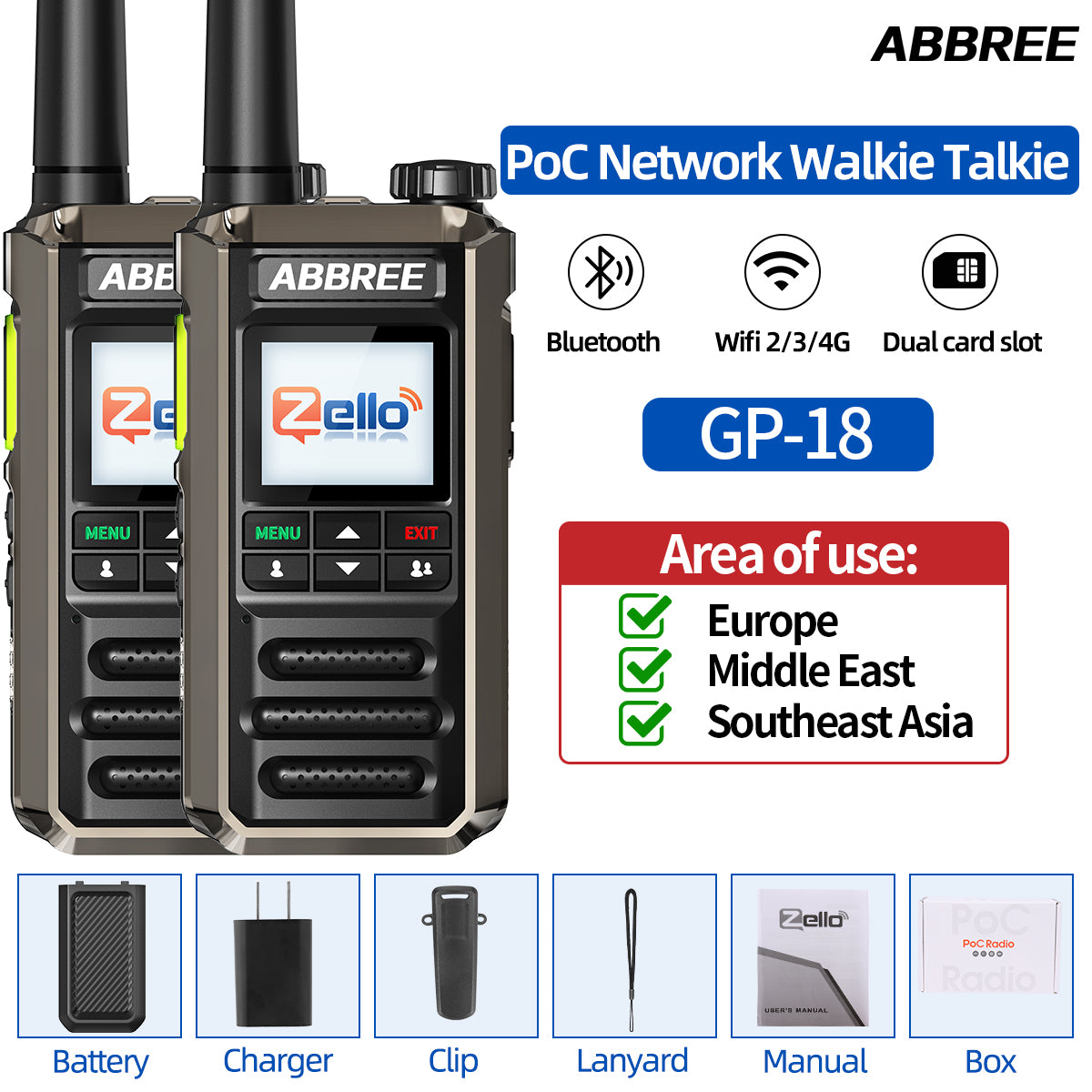 ABBREE GP-18 2G/3G/4G Zello Walkie Talkie Dual Sim Card Slots Global POC Android Bluetooth WIFI Unlimited Distance Network Radio