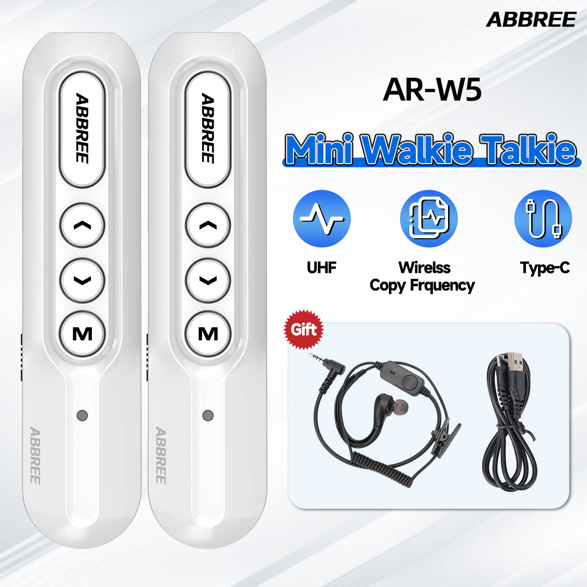 ABBREE AR-W5 Collar Clip Mini Walkie Talkie Wireless Copy Frequency 8 Volume Adjustment 20CH Type-C Chager UHF Handsfree Radio