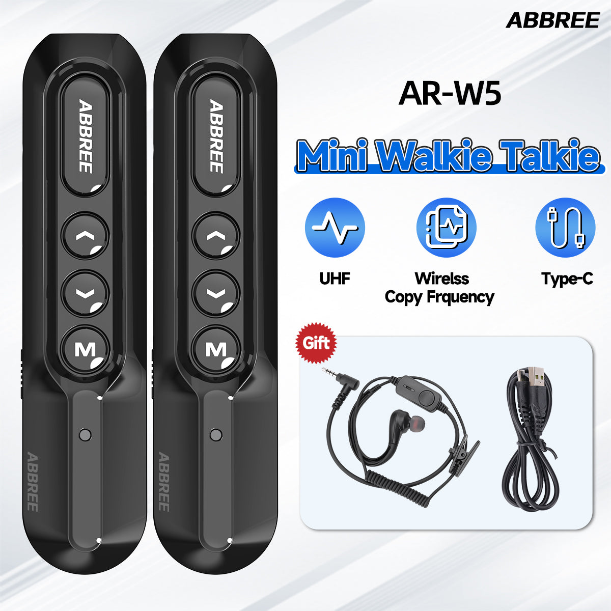 ABBREE AR-W5 Collar Clip Mini Walkie Talkie Wireless Copy Frequency 8 Volume Adjustment 20CH Type-C Chager UHF Handsfree Radio