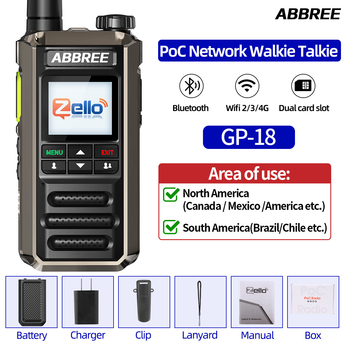 ABBREE GP-18 2G/3G/4G Zello Walkie Talkie Dual Sim Card Slots Global POC Android Bluetooth WIFI Unlimited Distance Network Radio