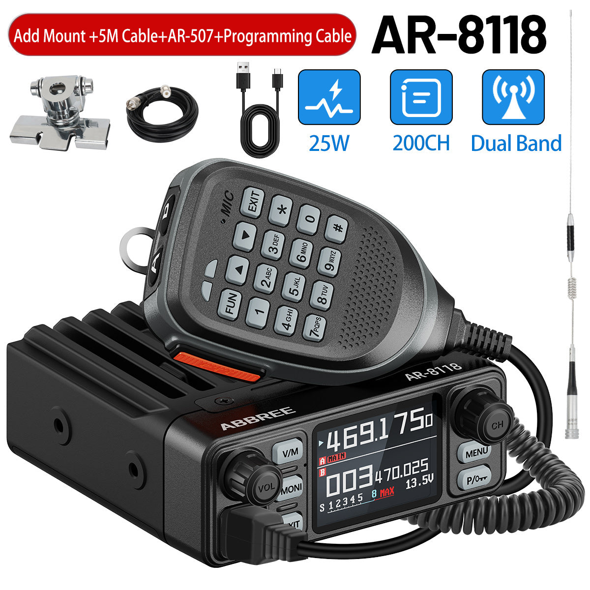 ABBREE AR-8118 25W Dual Band Mini Mobile Radio HD Voice 200CH Long Range VHF UHF Anti-Interference Dual PTT HD Vioce Car Radio
