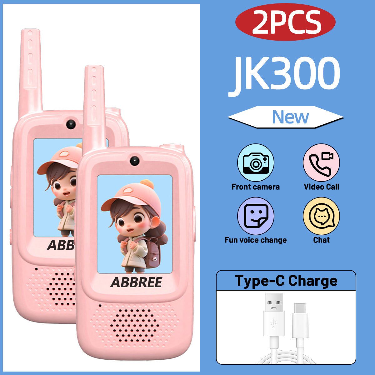 2PCS ABBREE JK300 Children's Video Walkie Talkies Selfie Send Voice Photo Emoticons For Kids Gift Boys Girls JK200 New upgrade