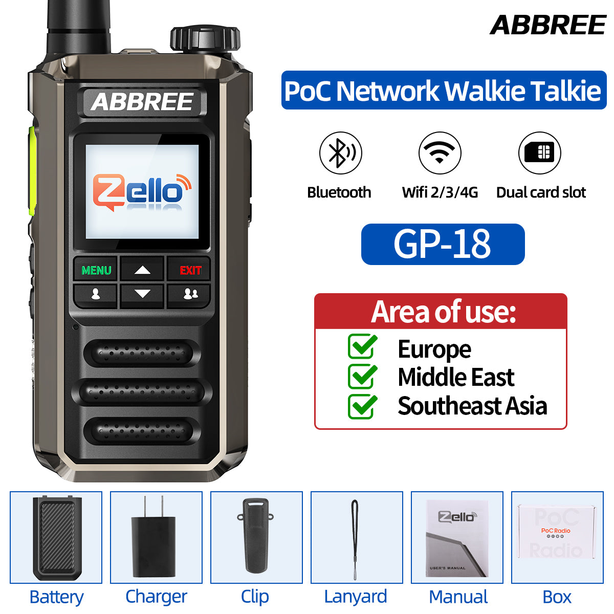 ABBREE GP-18 2G/3G/4G Zello Walkie Talkie Dual Sim Card Slots Global POC Android Bluetooth WIFI Unlimited Distance Network Radio